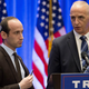 Stephen Miller, left, senior policy adviser, and Keith Schiller, chief of security for Trump appear on stage before his arrival, Wednesday, June 22, 2016, in New York. Photo via AP
